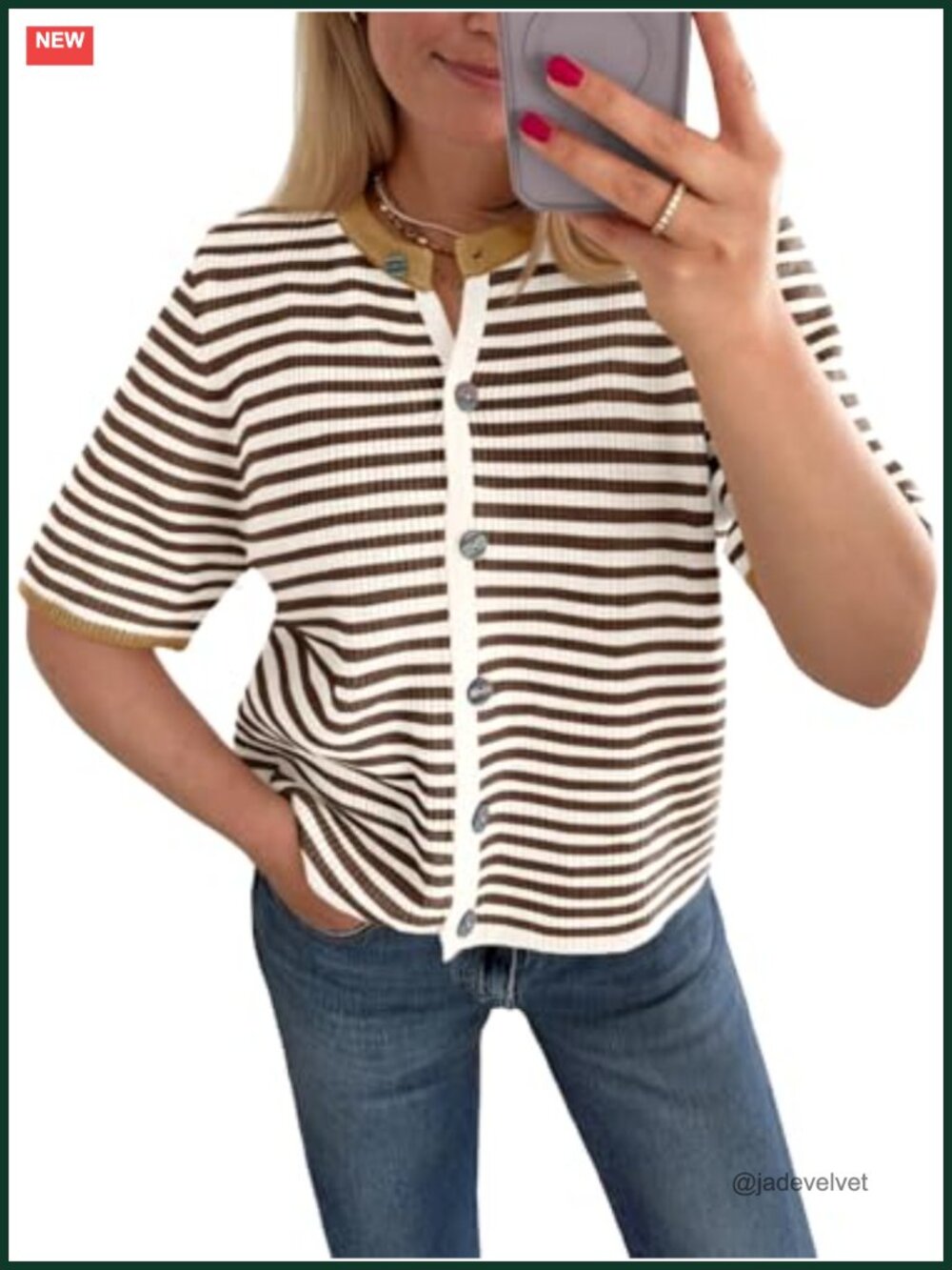 Womens Short Sleeve Striped Button Down Cardigan Sweater Top